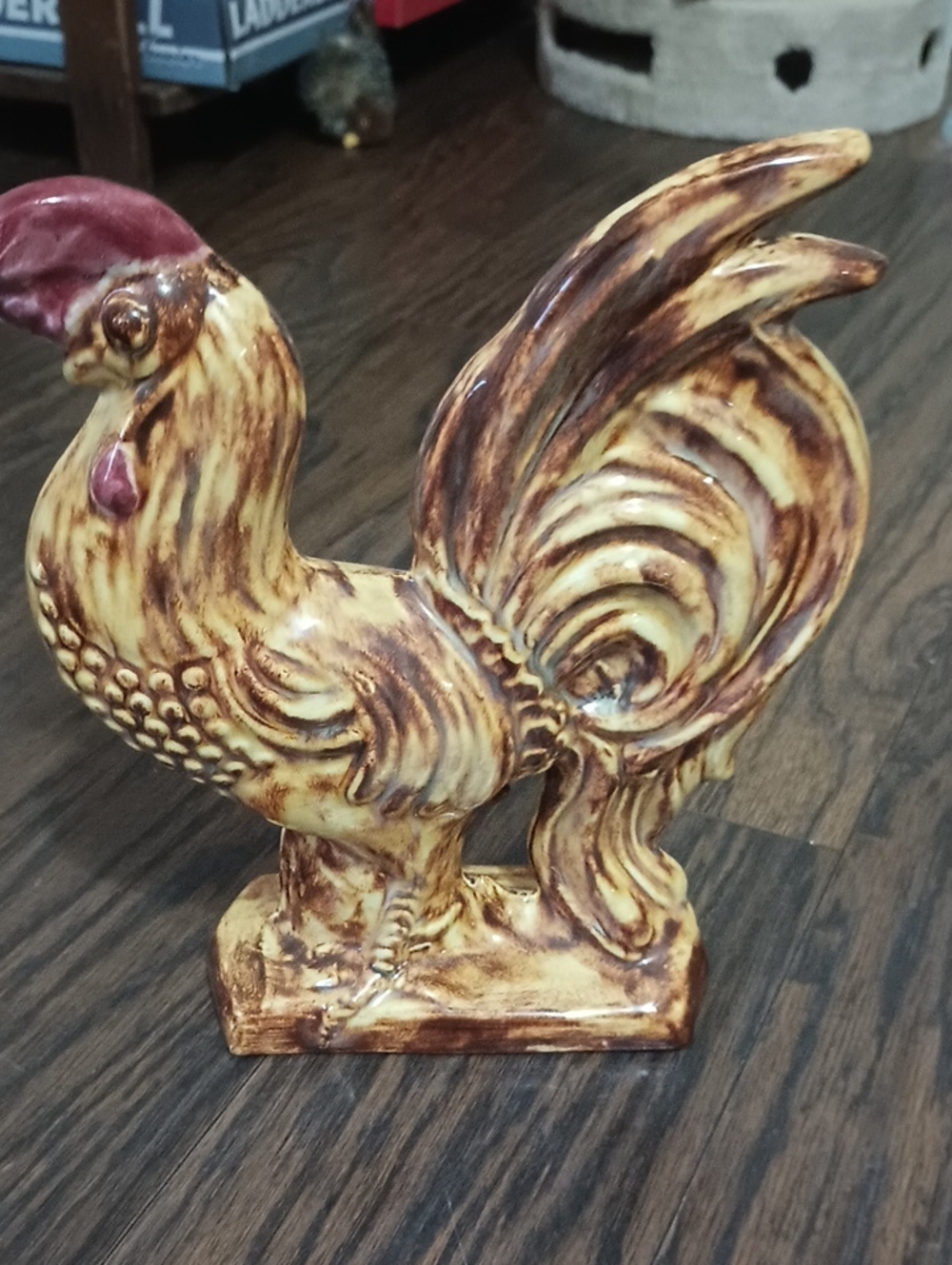 Ceramic Rooster Figurine - Yellow-Brown Glaze